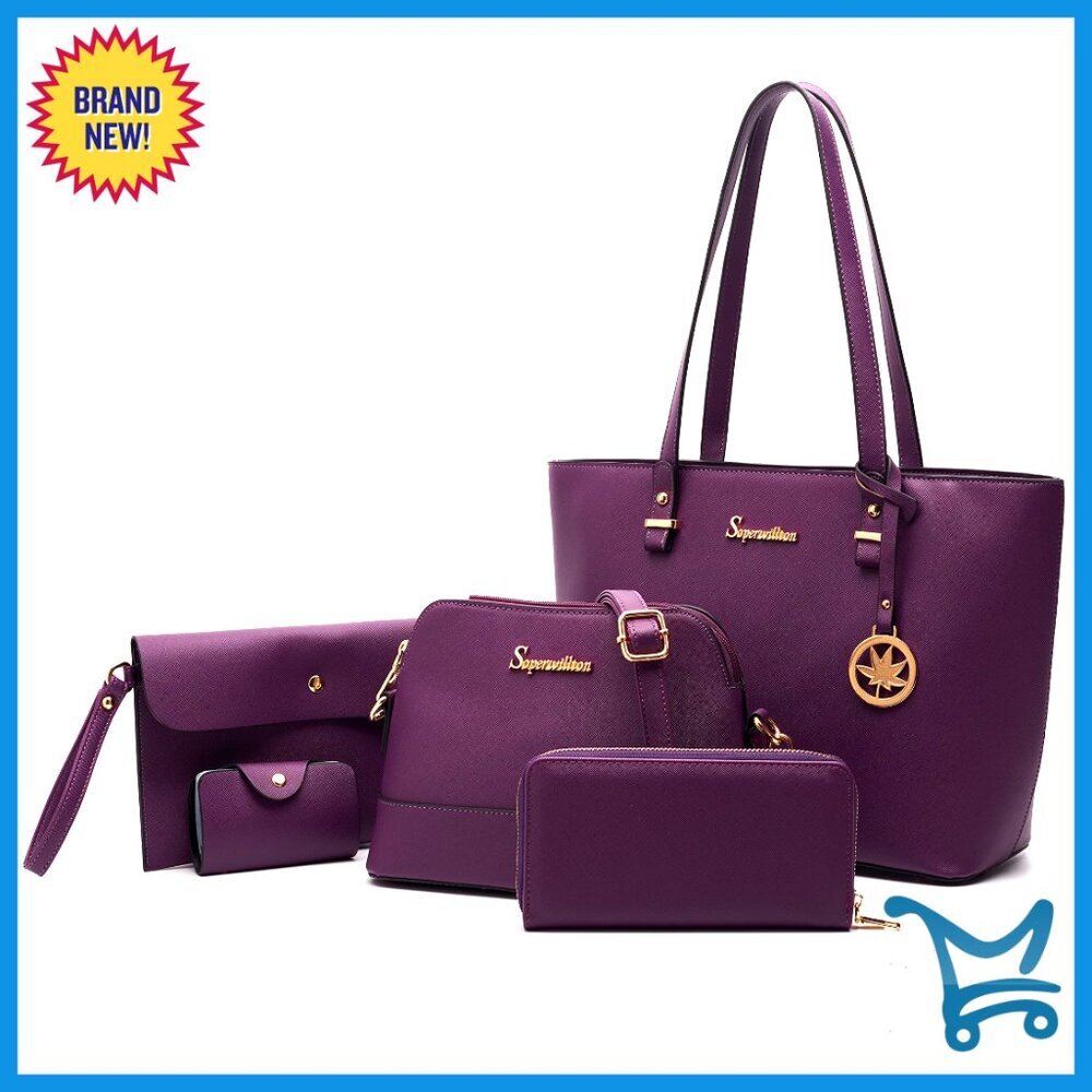 5-Piece Synthetic Leather Tote Set with Wallet and Clutch for Women